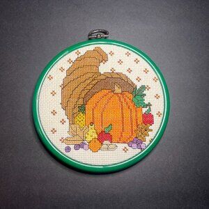 VTG Round Framed Finished Cross Stitch Thanksgiving Harvest Cornucopia Wall Art